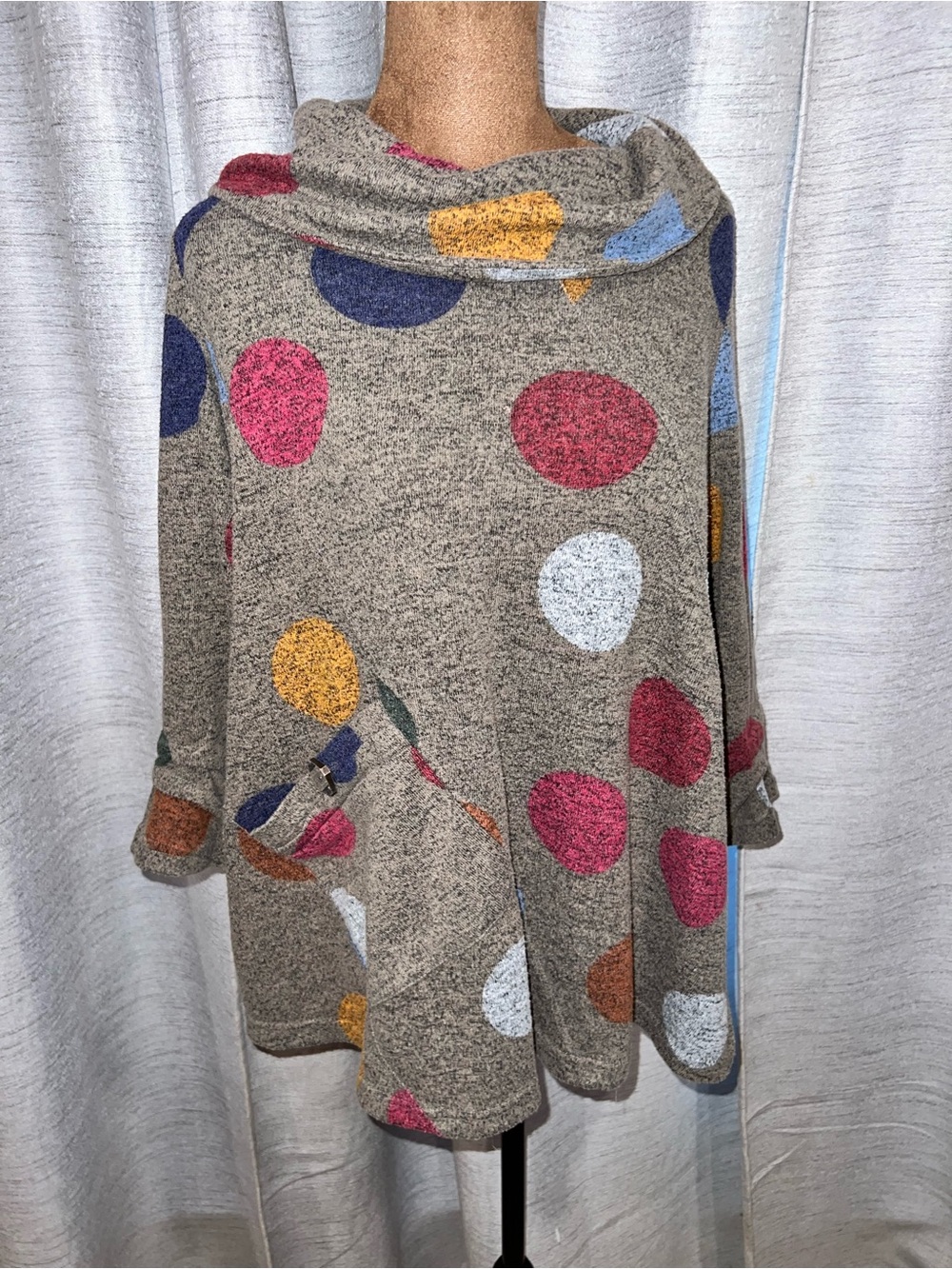 Ali Miles Heather Gray Multicolor Polka Dot Cowl Neck Tunic Sweater Small S